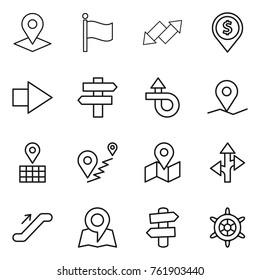 Thin line icon set : pointer, flag, up down arrow, dollar pin, right, singlepost, trip, geo, map, route, escalator, signpost, handwheel