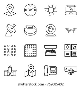 Thin line icon set : pointer, clock, chip, notebook, satellite antenna, smart bracelet, web cam, drone, cpu, market scales, calculator, castle, map, intercome, surveillance camera