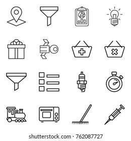 Thin line icon set : pointer, funnel, report, bulb, gift, satellite, add to basket, delete cart, list, spark plug, stopwatch, train, grill oven, rake, syringe