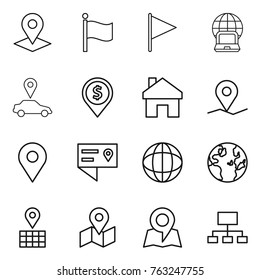 Thin line icon set : pointer, flag, notebook globe, car, dollar pin, home, geo, location details, map, hierarchy