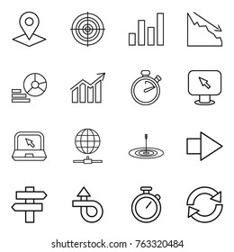 Thin line icon set : pointer, target, graph, crisis, diagram, stopwatch, monitor arrow, notebook, globe connect, right, singlepost, trip, reload