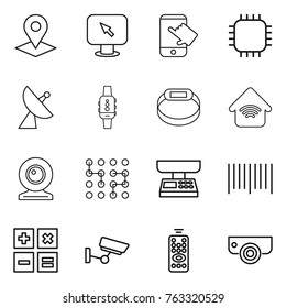 Thin line icon set : pointer, monitor arrow, touch, chip, satellite antenna, smart watch, bracelet, wireless home, web cam, market scales, bar code, calculator, surveillance, remote control, camera