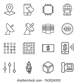 Thin line icon set : pointer, touch, chip, notebook globe, satellite antenna, server, crypto currency, cpu, receipt, mobile pay, equalizer, spark plug, 3d, intercome