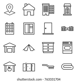 Thin line icon set : pointer, home, houses, building, window, door, school, warehouse, tent, chest of drawers, oven, clean, brush, towel
