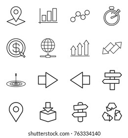 Thin line icon set : pointer, graph, stopwatch, dollar arrow, globe connect, up, down, target, right, left, singlepost, geo pin, package, signpost, recycling