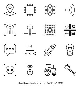 Thin line icon set : pointer, chip, atom, wireless, fingerprint, laser, cpu, calculator, sms, transporter tape, rocket, bulb, power socket, speaker, tractor, blower