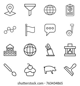Thin line icon set : pointer, funnel, globe, report, graph, flag, message,  cottage, stands for knives, fireplace, big spoon, cupcake, pig, scraper