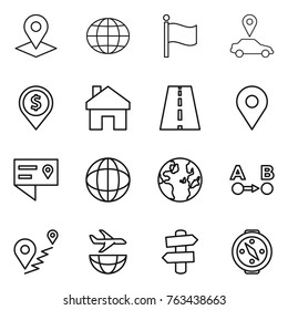 Thin line icon set : pointer, globe, flag, car, dollar pin, home, road, geo, location details, route a to b, plane shipping, signpost, compass