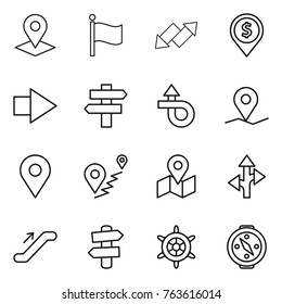 Thin line icon set : pointer, flag, up down arrow, dollar pin, right, singlepost, trip, geo, route, map, escalator, signpost, handwheel, compass