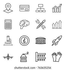 Thin line icon set : pointer, card, hierarchy, diagram, calculator, brain, pencil wrench, graph up, microscope, info, airport building, rocket, plane, hand mill, watering, gloves