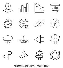 Thin line icon set : pointer, graph, crisis, presentation, stopwatch, dollar arrow, up down, lightning, cloud wireless, target, left, singlepost, signpost, route, reload