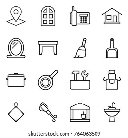 Thin line icon set : pointer, arch window, phone, home, mirror, table, broom, scoop, pan, repair tools, apron, rag, blower, utility room, water tap sink