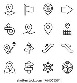 Thin line icon set : pointer, flag, dollar pin, right arrow, trip, geo, map, route, escalator, signpost, handwheel, compass