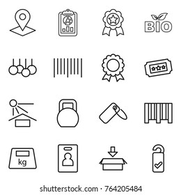 Thin line icon set : pointer, report, medal, bio, sale, bar code, ticket, sun potection, heavy, label, identity card, package, please clean
