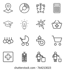Thin line icon set : pointer, circle diagram, alarm clock, calculator, graduate hat, bulb, bang, add to basket, sale, baby stroller, trip, cart, first aid, remote control, garbage bin