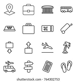 Thin line icon set : pointer, portfolio, airport building, bus, taxi, suitcase, ticket, baggage get, arrival, palm, transfer, signpost, inflatable mattress, flip flops