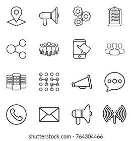 Thin line icon set : pointer, loudspeaker, gear, clipboard, share, team, touch, group, server, chip, balloon, phone, mail, wireless