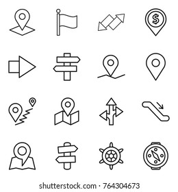Thin line icon set : pointer, flag, up down arrow, dollar pin, right, singlepost, geo, route, map, escalator, signpost, handwheel, compass