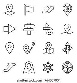 Thin line icon set : pointer, flag, up down arrow, dollar pin, right, singlepost, trip, geo, route, map, escalator, handwheel, compass
