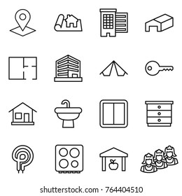 Thin Line Icon Set : Pointer, Project, Houses, Warehouse, Plan, Office, Tent, Key, Home, Sink, Power Switch, Chest Of Drawers, Elecric Oven, Hob, Outsource