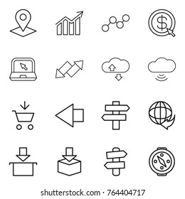 Thin line icon set : pointer, diagram, graph, dollar arrow, notebook, up down, cloude service, cloud wireless, add to cart, left, singlepost, delivery, package, signpost, compass
