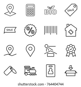 Thin line icon set : pointer, calculator, bio, sale label, percent, bar code, smart house, geo pin, sun potection, medal, train, identity card, package
