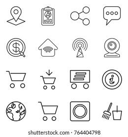 Thin line icon set : pointer, report, share, message, dollar arrow, wireless home, antenna, web cam, cart, add to, delivery, info, globe, ring button, bucket and broom