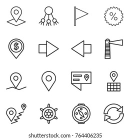 Thin line icon set : pointer, share, flag, percent, dollar pin, right arrow, left, lighthouse, geo, location details, map, route, handwheel, compass, reload