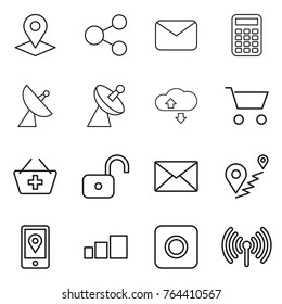 Thin line icon set : pointer, share, mail, calculator, satellite antenna, cloude service, cart, add to basket, unlock, route, mobile location, sorting, ring button, wireless