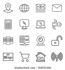 Thin line icon set : pointer, globe, money, mail, calculator, monitor arrow, notebook, satellite, server, web cam, unlock, invoice, cart, home, wireless