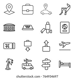 Thin line icon set : pointer, portfolio, car, greate wall, airport building, taxi, passenger, passport, ticket, baggage get, departure, palm, transfer, signpost, bed