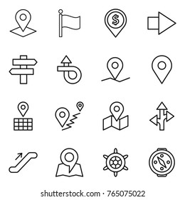 Thin line icon set : pointer, flag, dollar pin, right arrow, singlepost, trip, geo, map, route, escalator, handwheel, compass