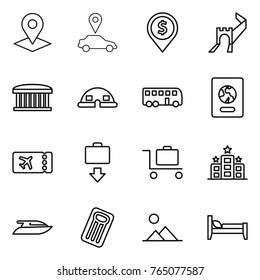 Thin line icon set : pointer, car, dollar pin, greate wall, airport building, dome house, bus, passport, ticket, baggage get, trolley, hotel, yacht, inflatable mattress, landscape, bed