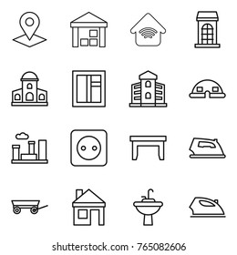 Thin line icon set : pointer, warehouse, wireless home, building, mansion, window, dome house, city, power socket, table, iron, trailer, water tap sink
