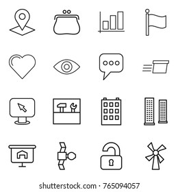 Thin line icon set : pointer, purse, graph, flag, heart, eye, message, delivery, monitor arrow, tools, building, skyscrapers, presentation, satellite, unlocked, windmill