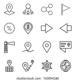 Thin line icon set : pointer, share, flag, percent, dollar pin, right arrow, left, lighthouse, geo, location details, map, route, handwheel, compass