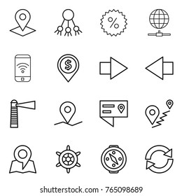 Thin line icon set : pointer, share, percent, globe connect, phone wireless, dollar pin, right arrow, left, lighthouse, geo, location details, route, map, handwheel, compass, reload