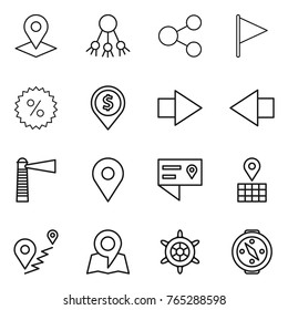 Thin line icon set : pointer, share, flag, percent, dollar pin, right arrow, left, lighthouse, geo, location details, map, route, handwheel, compass