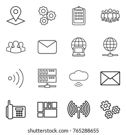 Thin line icon set : pointer, gear, clipboard, team, group, mail, notebook globe, connect, wireless, server, cloud, phone, consolidated cargo, gears