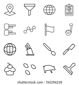 Thin line icon set : pointer, funnel, globe, report, diagram, graph, flag, stands for knives, big spoon, chef knife, cupcake, seeds, pig, scraper