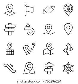 Thin line icon set : pointer, flag, up down arrow, dollar pin, singlepost, trip, geo, map, route, escalator, signpost, handwheel