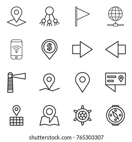 Thin line icon set : pointer, share, flag, globe connect, phone wireless, dollar pin, right arrow, left, lighthouse, geo, location details, map, handwheel, compass