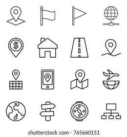 Thin line icon set : pointer, flag, globe connect, dollar pin, home, road, geo, map, mobile location, plane shipping, earth, signpost, compass, hierarchy