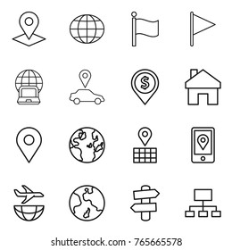 Thin line icon set : pointer, globe, flag, notebook, car, dollar pin, home, geo, map, mobile location, plane shipping, earth, signpost, hierarchy