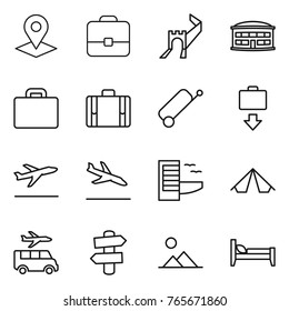 Thin line icon set : pointer, portfolio, greate wall, airport building, suitcase, baggage get, departure, arrival, hotel, tent, transfer, signpost, landscape, bed