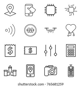 Thin line icon set : pointer, touch, chip, wireless, crypto currency, drone, cardio, receipt, equalizer, calculator, castle, mobile location, camera, remote control