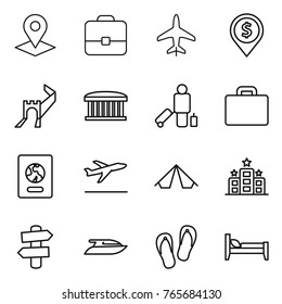Thin line icon set : pointer, portfolio, plane, dollar pin, greate wall, airport building, passenger, suitcase, passport, departure, tent, hotel, signpost, yacht, flip flops, bed