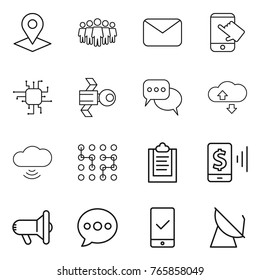 Thin line icon set : pointer, team, mail, touch, chip, satellite, discussion, cloude service, cloud wireless, clipboard, mobile pay, megafon, balloon, checking, antenna