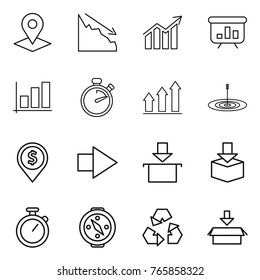 Thin line icon set : pointer, crisis, diagram, presentation, graph, stopwatch, up, target, dollar pin, right arrow, package, compass, recycling