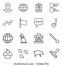 Thin line icon set : pointer, globe, report, diagram, graph, flag, message, segway, stands for knives, fireplace, big spoon, cupcake, seeds, pig, scraper